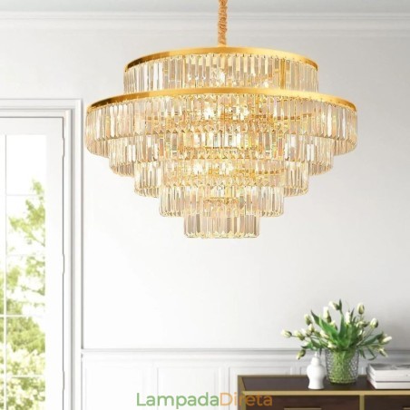 Luminária pendente de cristal dourado 5 níveis iluminação de teto 7 luzes Luminária pendente de cristal dourado 5 níveis iluminação de teto 7 luzes