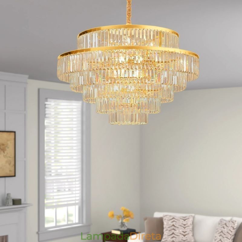 Luminária pendente de cristal dourado 5 níveis iluminação de teto 7 luzes