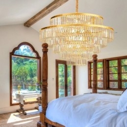Luminária pendente de cristal dourado 5 níveis iluminação de teto 7 luzes