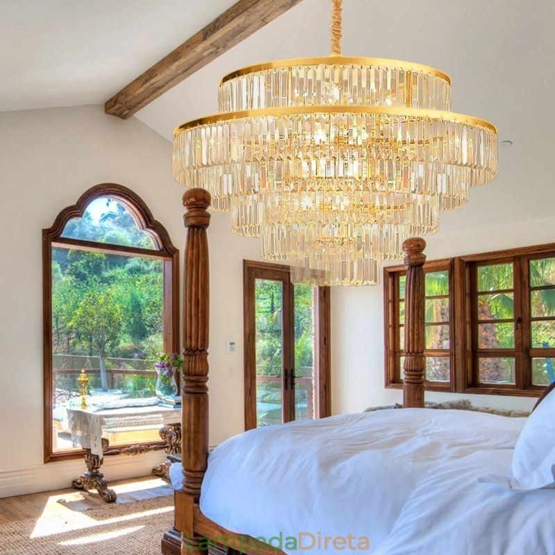 Luminária pendente de cristal dourado 5 níveis iluminação de teto 7 luzes