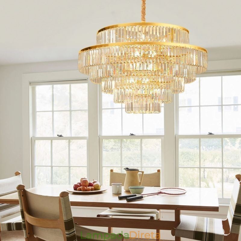 Luminária pendente de cristal dourado 5 níveis iluminação de teto 7 luzes