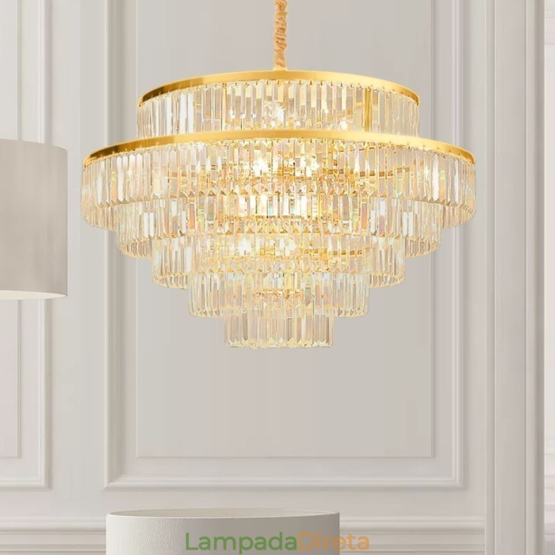 Luminária pendente de cristal dourado 5 níveis iluminação de teto 7 luzes