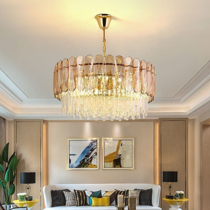 Luminária pendente de luxo em cristal dourado para teto