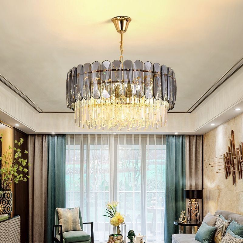 Luminária pendente de luxo em cristal dourado para teto