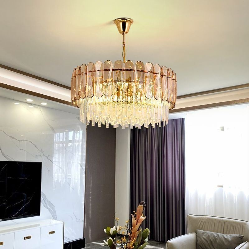 Luminária pendente de luxo em cristal dourado para teto