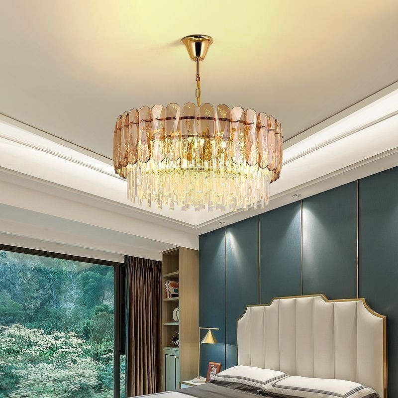 Luminária pendente de luxo em cristal dourado para teto