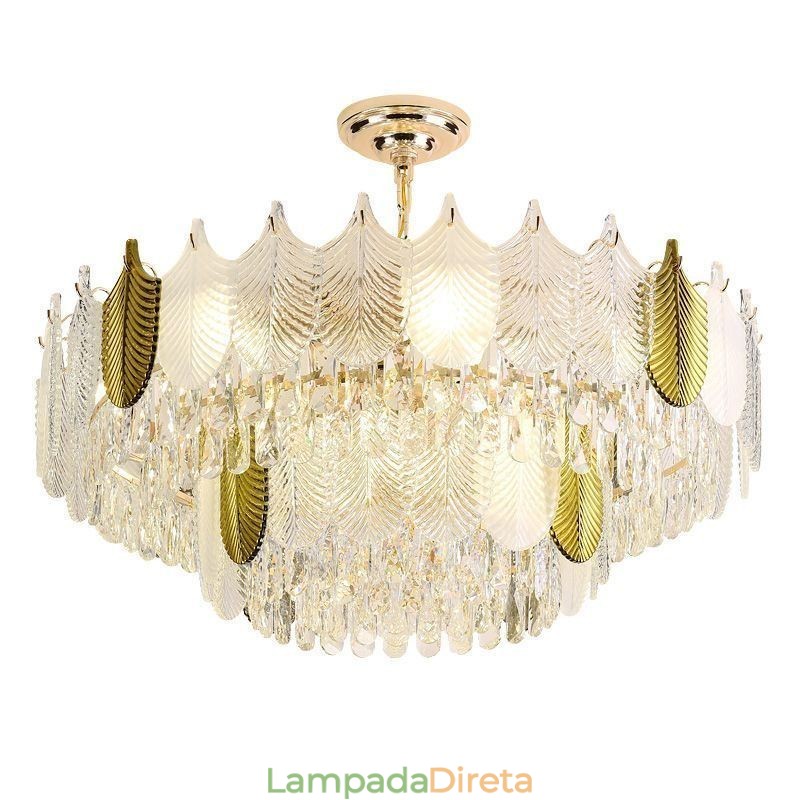 Luminária de teto de cristal com pingente de folha luxuosa