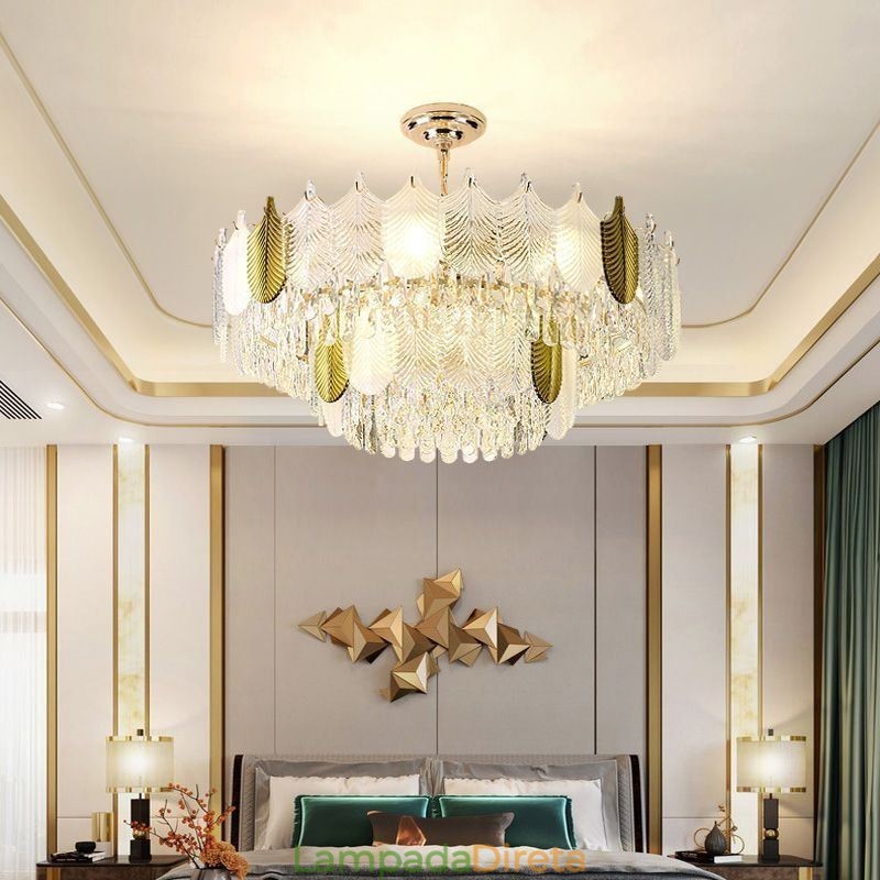 Luminária de teto de cristal com pingente de folha luxuosa