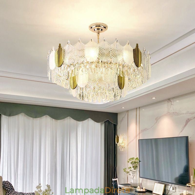 Luminária de teto de cristal com pingente de folha luxuosa