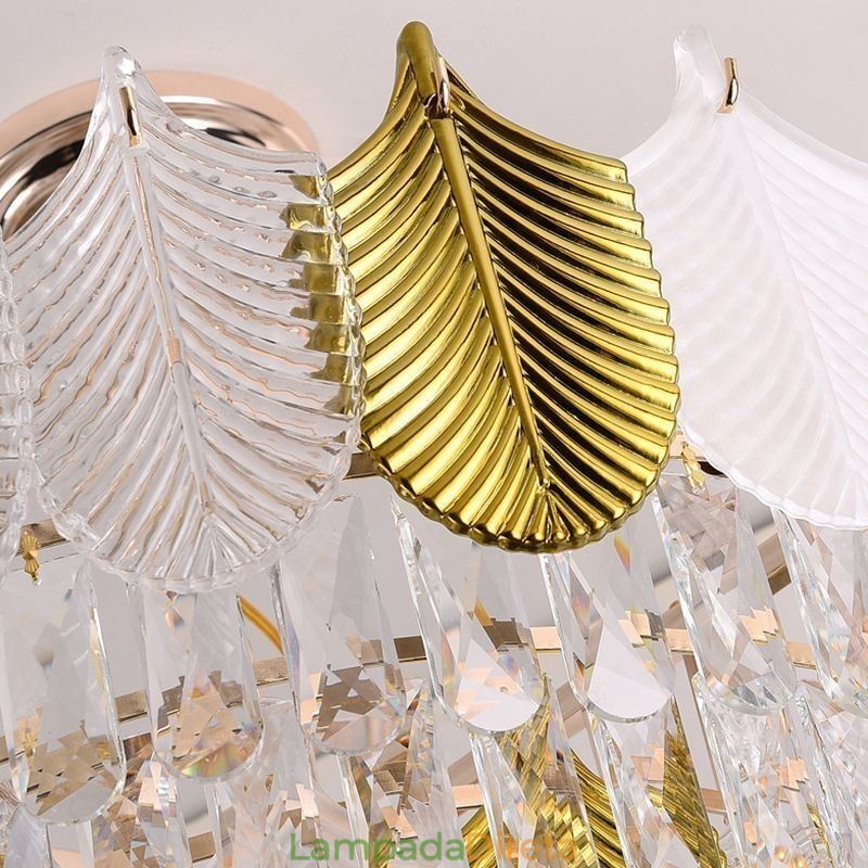 Luminária de teto de cristal com pingente de folha luxuosa