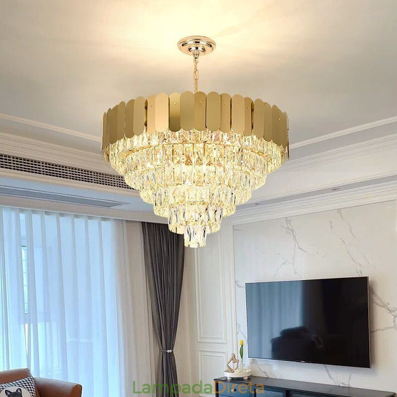 Luminária pendente de cristal moderna e elegante, luminária de teto cônica
