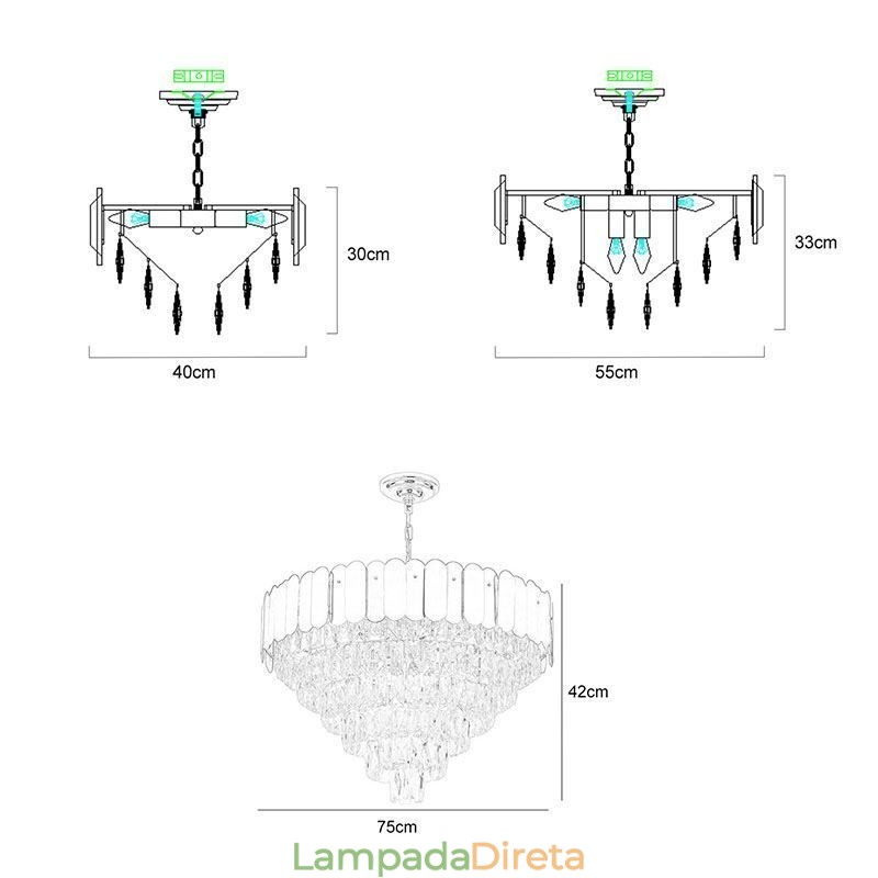 Luminária pendente de cristal moderna e elegante, luminária de teto cônica