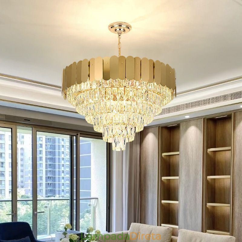 Luminária pendente de cristal moderna e elegante, luminária de teto cônica