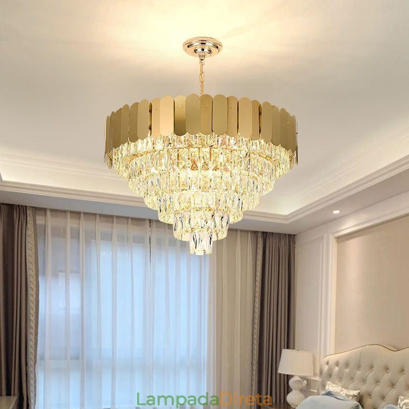 Luminária pendente de cristal moderna e elegante, luminária de teto cônica