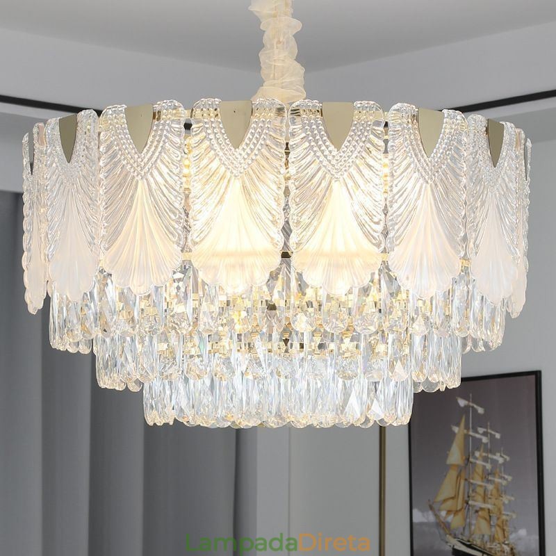 Luminária pendente de cristal com renda redonda para teto