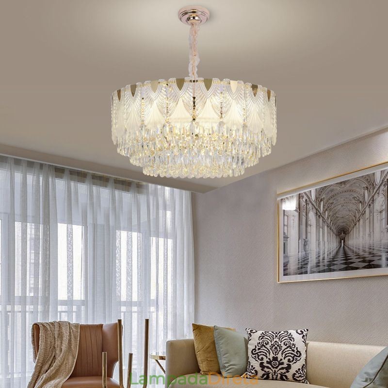 Luminária pendente de cristal com renda redonda para teto