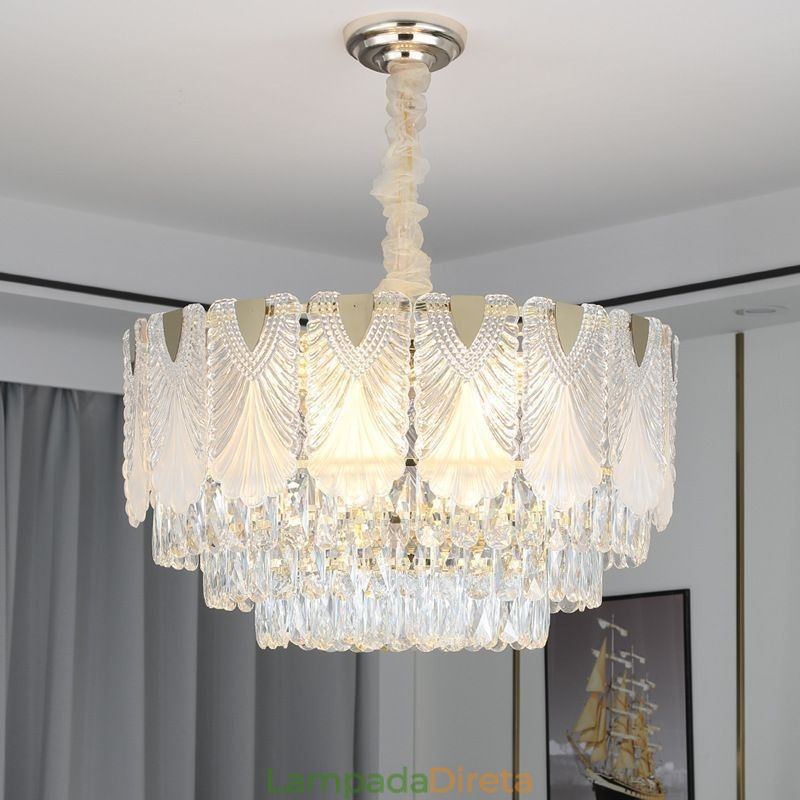 Luminária pendente de cristal com renda redonda para teto