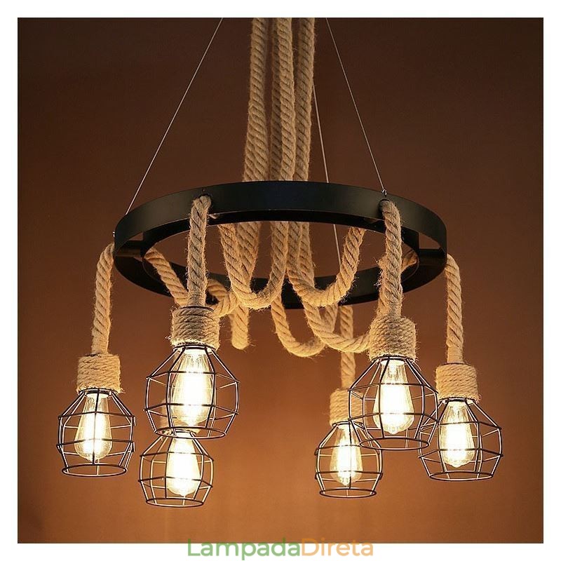 Estilo Retro 6 Cabeças Pendente Luz Corda De Cânhamo Lustre Com Abajur De Ferro