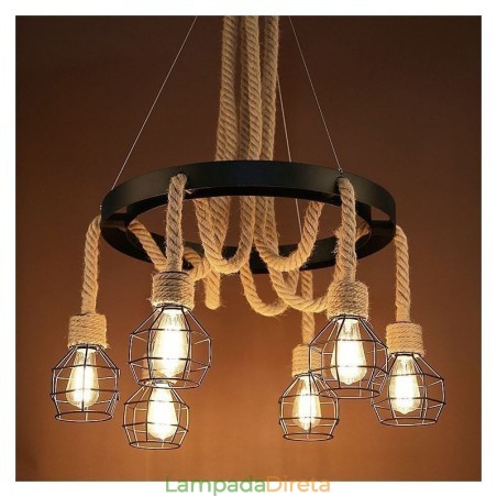 Estilo Retro 6 Cabeças Pendente Luz Corda De Cânhamo Lustre Com Abajur De Ferro Estilo Retro 6 Cabeças Pendente Luz Corda De Cânhamo Lustre Com Abajur De Ferro