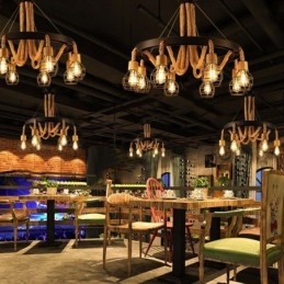 Estilo Retro 6 Cabeças Pendente Luz Corda De Cânhamo Lustre Com Abajur De Ferro