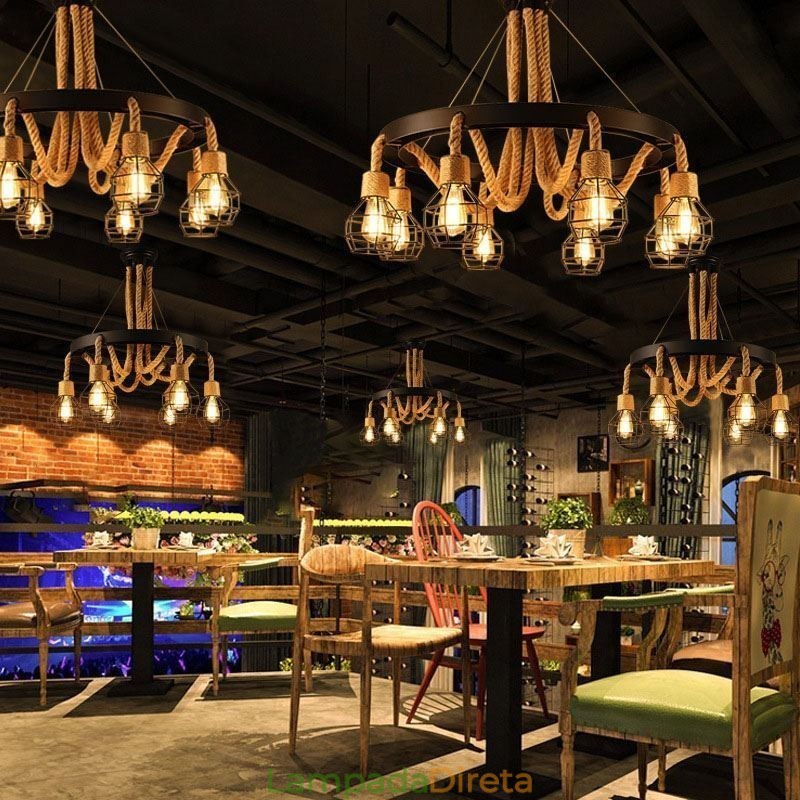 Estilo Retro 6 Cabeças Pendente Luz Corda De Cânhamo Lustre Com Abajur De Ferro