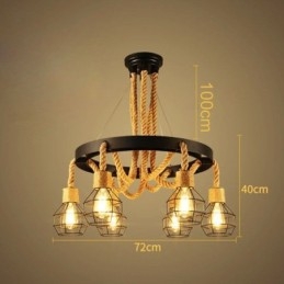 Estilo Retro 6 Cabeças Pendente Luz Corda De Cânhamo Lustre Com Abajur De Ferro