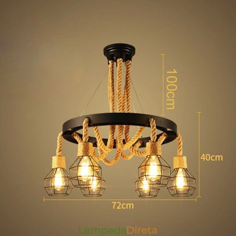 Estilo Retro 6 Cabeças Pendente Luz Corda De Cânhamo Lustre Com Abajur De Ferro