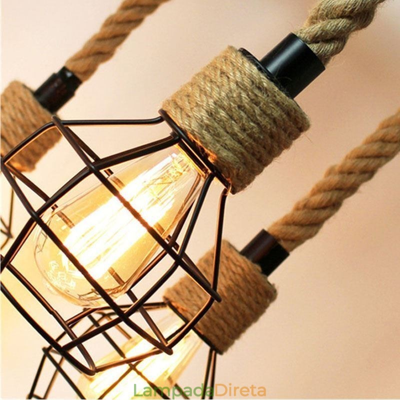 Estilo Retro 6 Cabeças Pendente Luz Corda De Cânhamo Lustre Com Abajur De Ferro