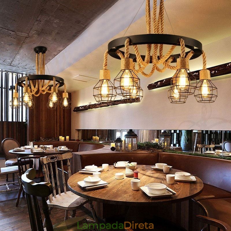 Estilo Retro 6 Cabeças Pendente Luz Corda De Cânhamo Lustre Com Abajur De Ferro