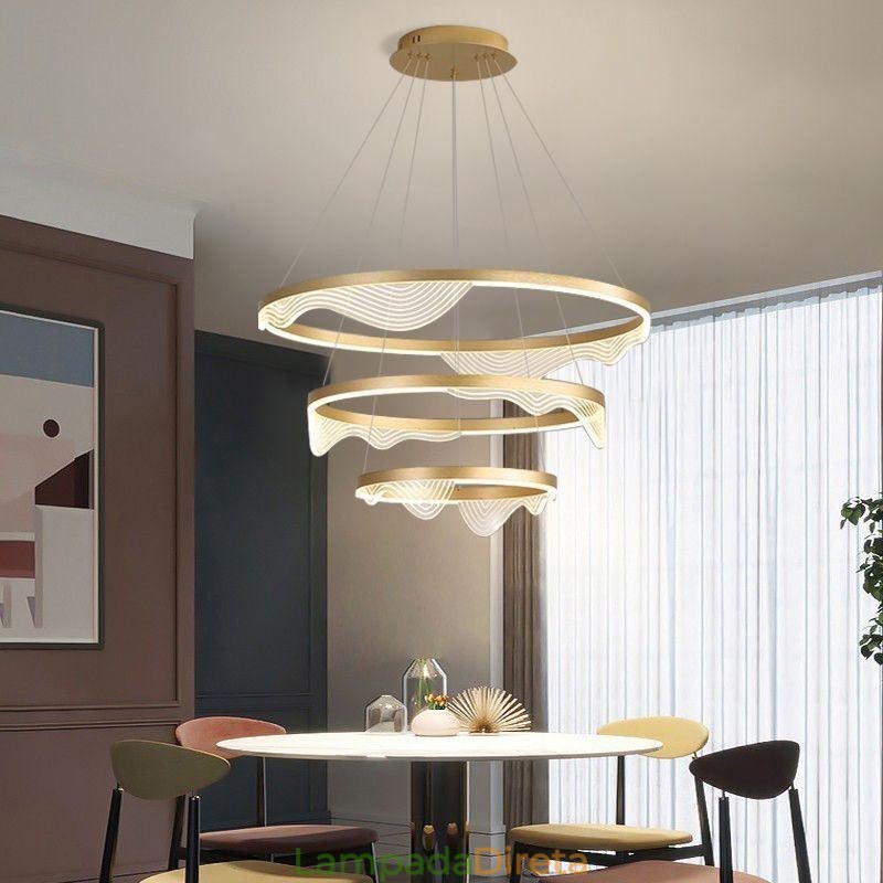 Luminária pendente Golden Wave Ripple Luz suspensa 3 luzes