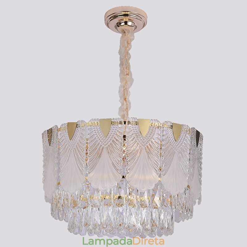 Luminária pendente de cristal com renda redonda para teto