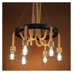 Estilo Retro 6 Cabeças Pendente Luz Corda De Cânhamo Lustre Com Abajur De Ferro