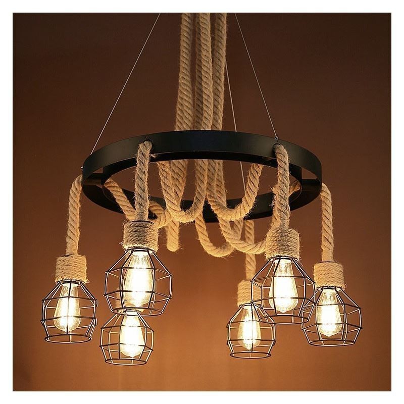Estilo Retro 6 Cabeças Pendente Luz Corda De Cânhamo Lustre Com Abajur De Ferro