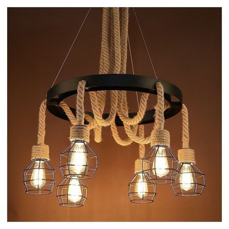 Estilo Retro 6 Cabeças Pendente Luz Corda De Cânhamo Lustre Com Abajur De Ferro Estilo Retro 6 Cabeças Pendente Luz Corda De Cânhamo Lustre Com Abajur De Ferro
