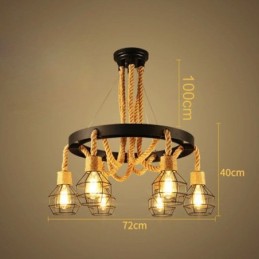 Estilo Retro 6 Cabeças Pendente Luz Corda De Cânhamo Lustre Com Abajur De Ferro