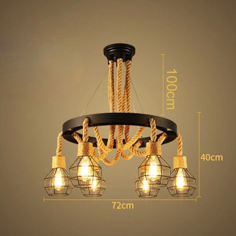 Estilo Retro 6 Cabeças Pendente Luz Corda De Cânhamo Lustre Com Abajur De Ferro