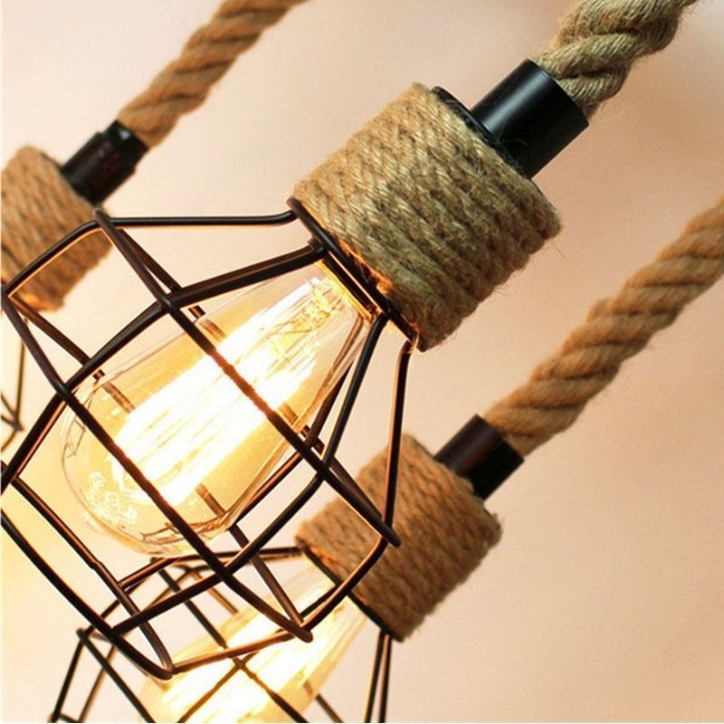 Estilo Retro 6 Cabeças Pendente Luz Corda De Cânhamo Lustre Com Abajur De Ferro