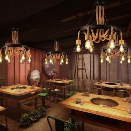 Estilo Retro 6 Cabeças Pendente Luz Corda De Cânhamo Lustre Com Abajur De Ferro