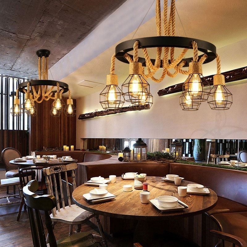 Estilo Retro 6 Cabeças Pendente Luz Corda De Cânhamo Lustre Com Abajur De Ferro