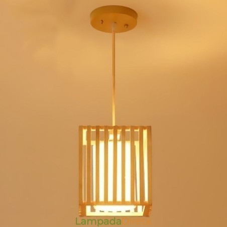 Luminária pendente minimalista em forma de gaiola de madeira Luminária pendente minimalista em forma de gaiola de madeira