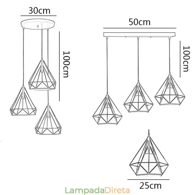 Luminária pendente em formato de diamante, luminária decorativa moderna e minimalista