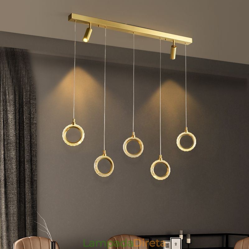 Luminária pendente de acrílico com anel de luz e holofote
