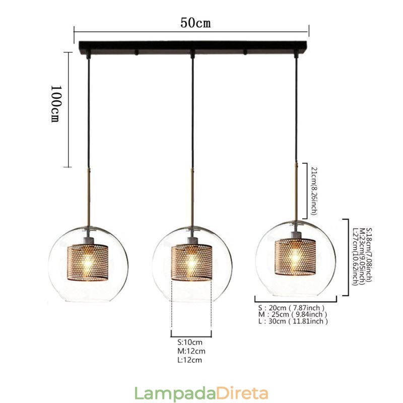 Luminária pendente minimalista de vidro com 3 luzes, ilha de teto