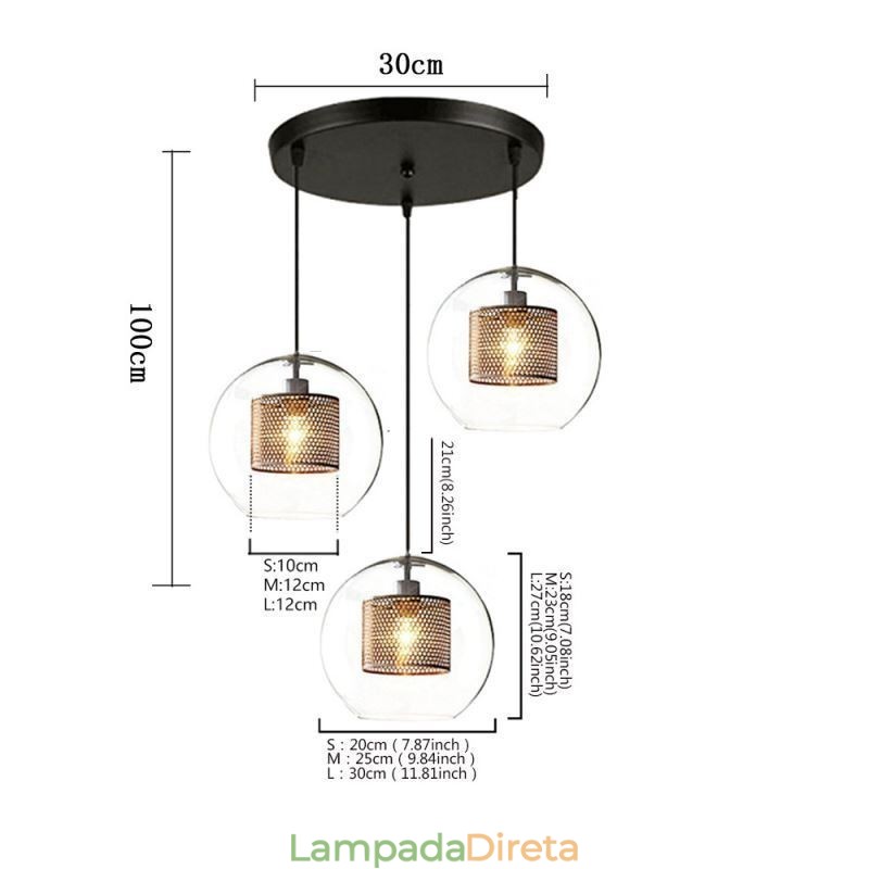Luminária pendente minimalista de vidro com 3 luzes, ilha de teto