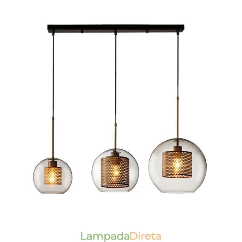 Luminária pendente minimalista de vidro com 3 luzes, ilha de teto