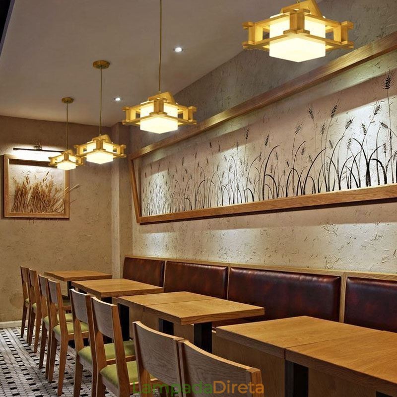 Luminária pendente estilo nórdico de carvalho com abajur de vidro fosco Cafe