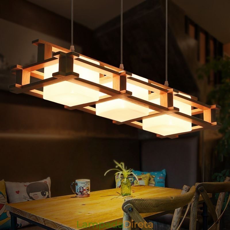 Luminária pendente criativa de carvalho com 3 luzes, luz de teto decorativa de madeira, café