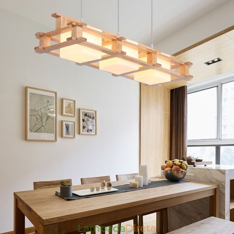 Luminária pendente criativa de carvalho com 3 luzes, luz de teto decorativa de madeira, café