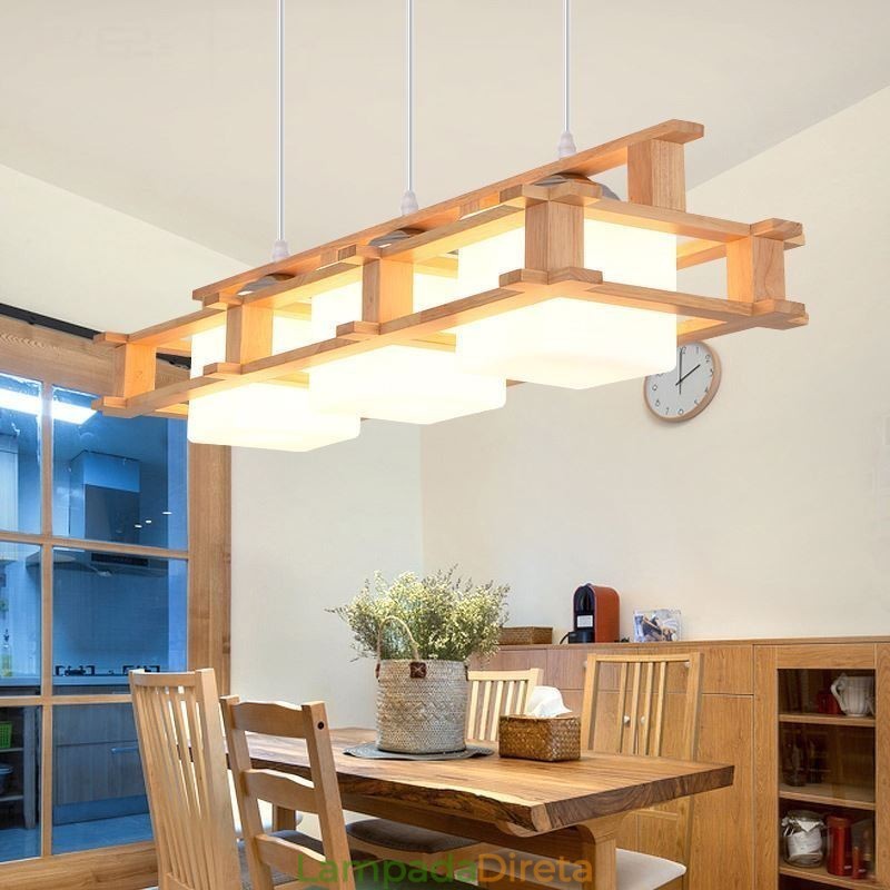 Luminária pendente criativa de carvalho com 3 luzes, luz de teto decorativa de madeira, café