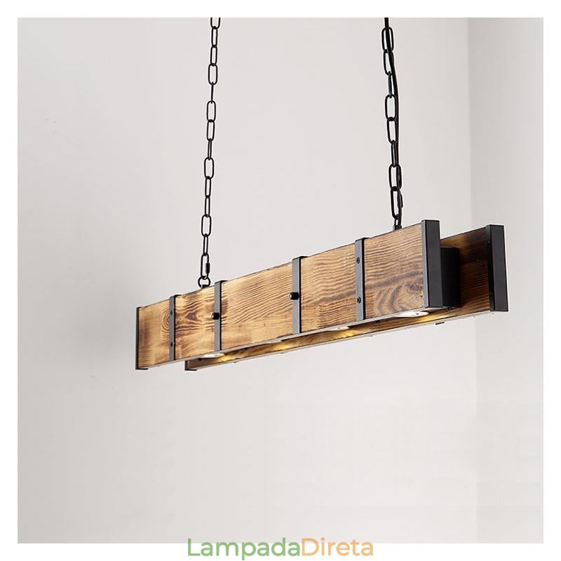 Luminária pendente estilo industrial retangular de madeira para teto com ilha